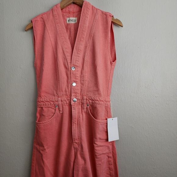 Etica Anthropologie Camden Denim Jumpsuit Coral Wide Leg Utility Small NWT - Picture 9 of 16